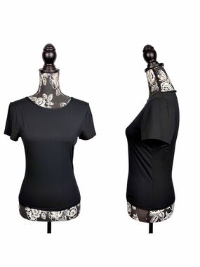Suzette Collection black crewneck waist length short sleeve contour top size S/M